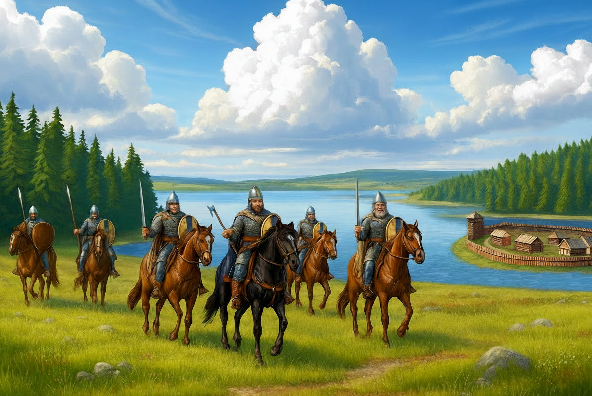 Grupa średniowiecznych wojownik&oacute;w jedzie konno przez zieloną łąkę w stronę jeziora otoczonego lasem, pod jasnym niebem z białymi chmurami.