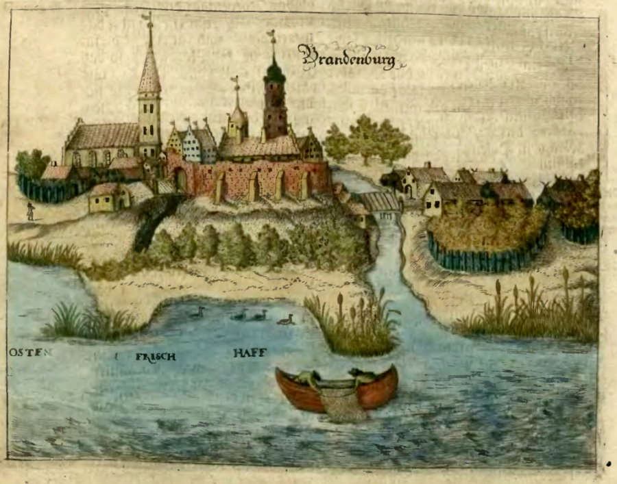 Ilustracja historycznego miasta z murami i kościołami nad rzeką, z łodziami na wodzie i zielonymi wzg&oacute;rzami.