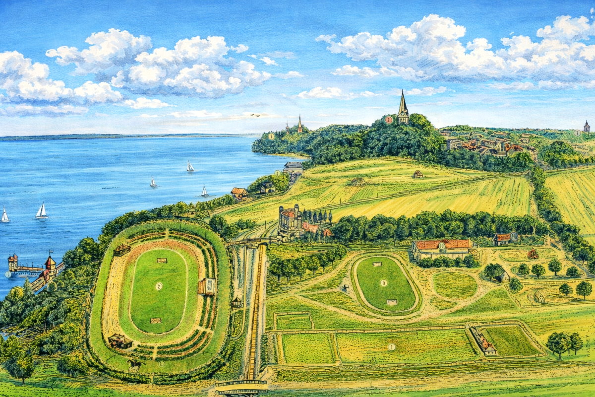 Panoramiczny widok zielonego p&oacute;łwyspu otoczonego wodą, z alejami spacerowymi i otwartą przestrzenią rekreacyjną.